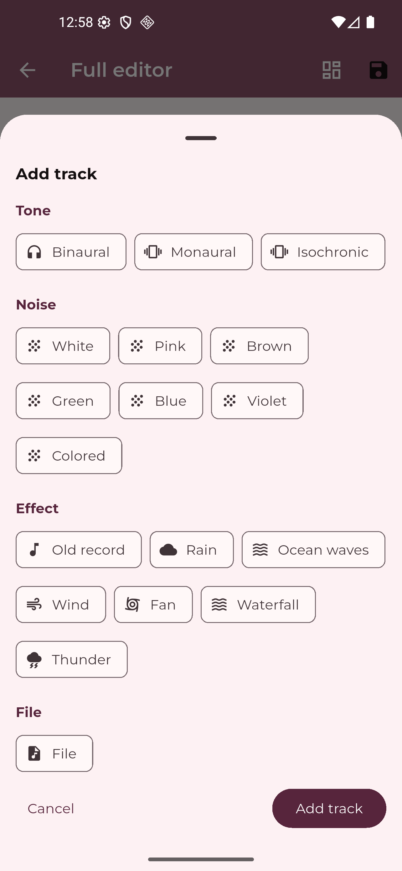 Full editor add-track sheet with tone, noise, effect, and file types