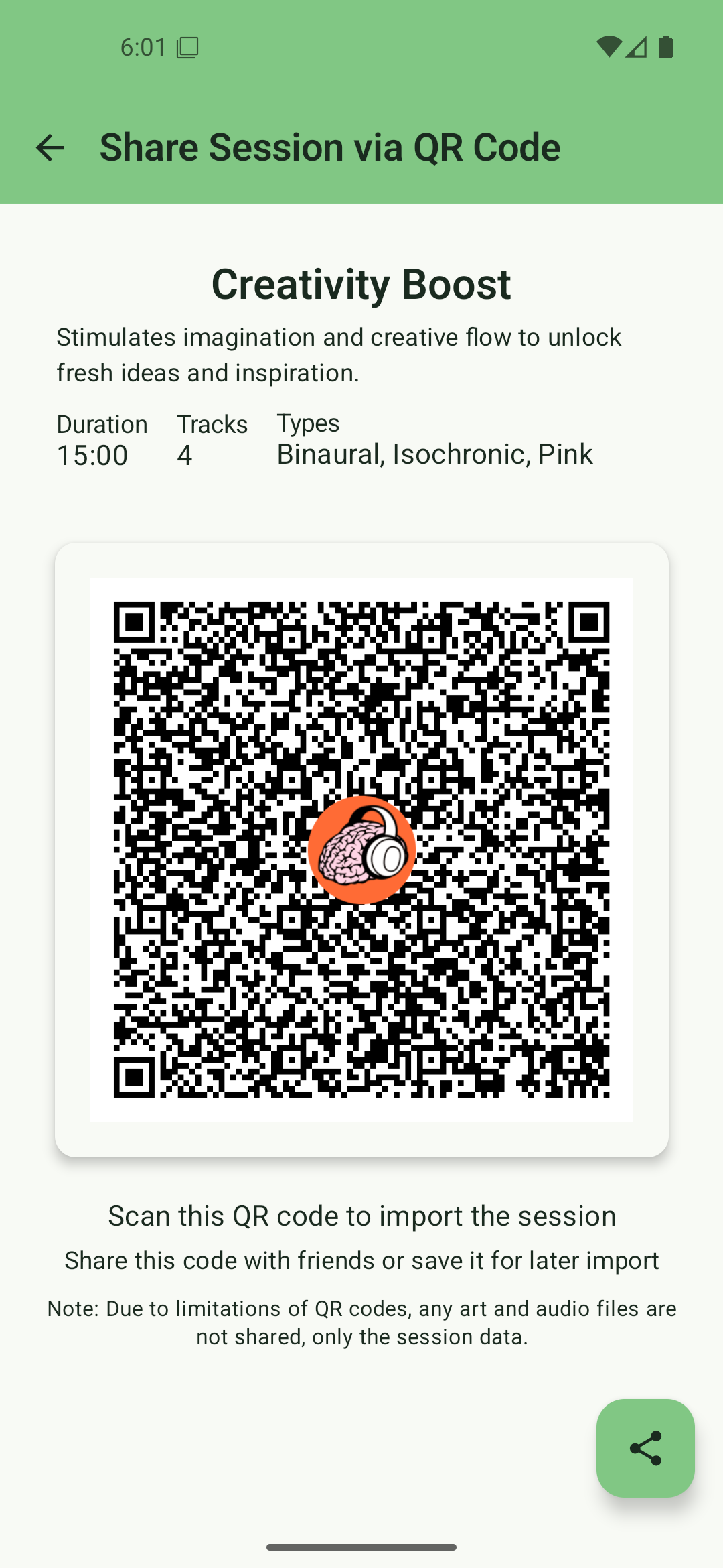 QR Code display for sharing binaural beats sessions