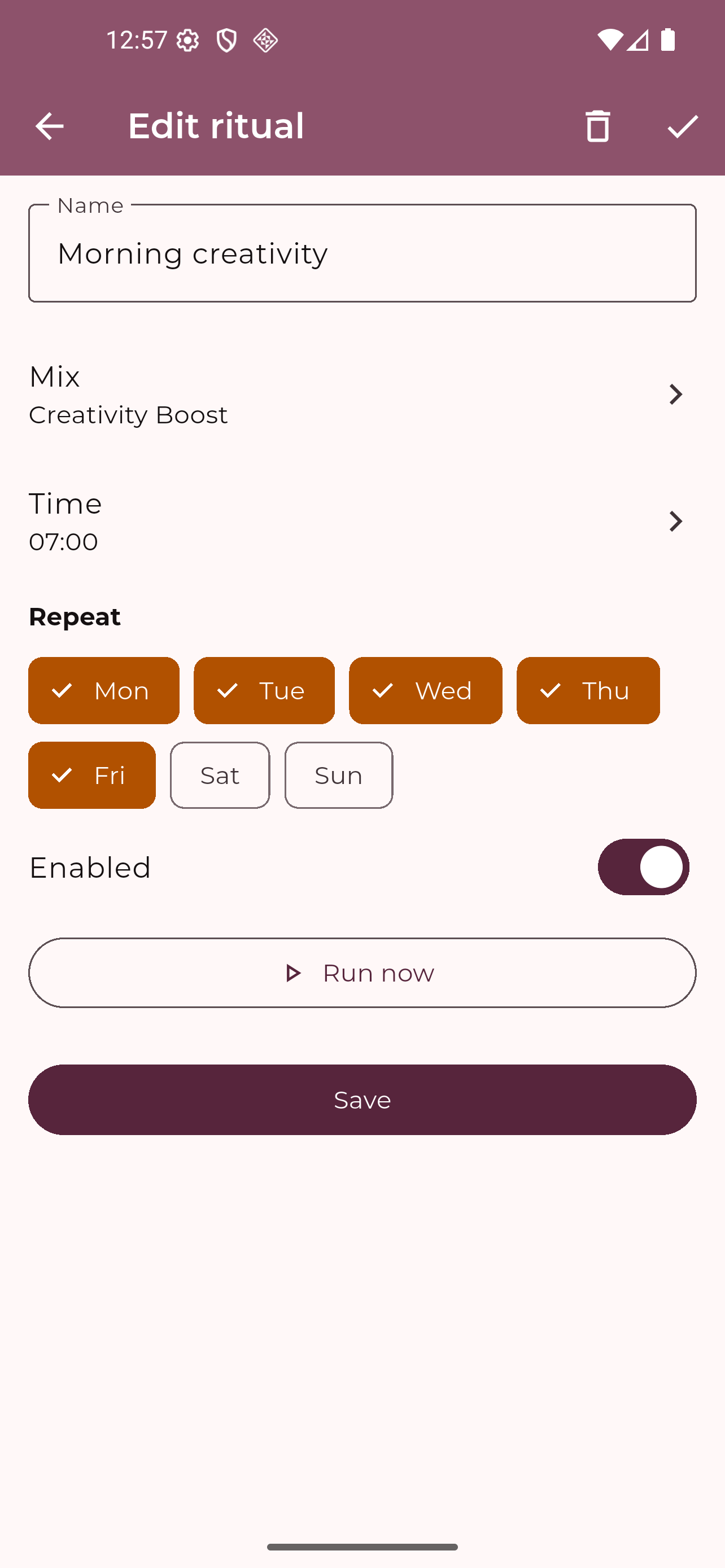 Ritual editor with time, repeat days, and linked mix