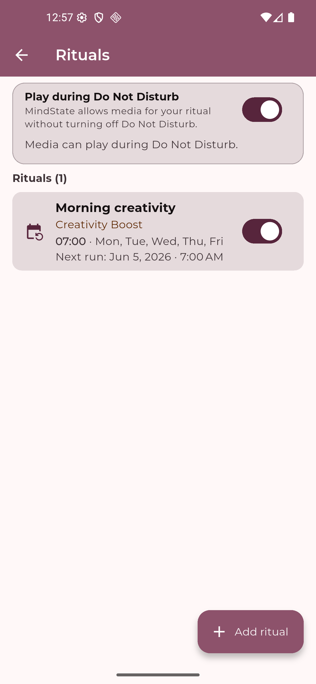 Daily Rituals list with scheduled mixes