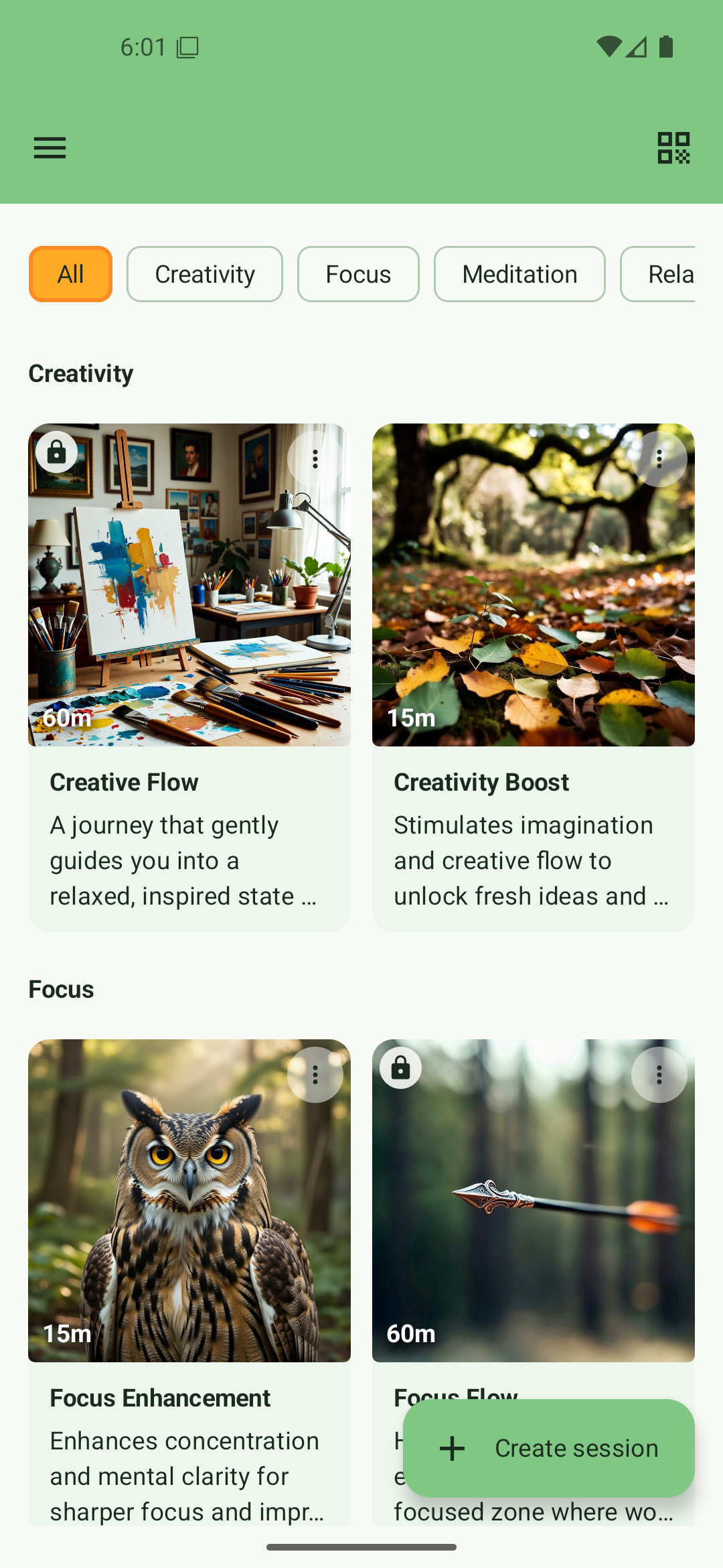 Session Browser showing list of binaural beats sessions