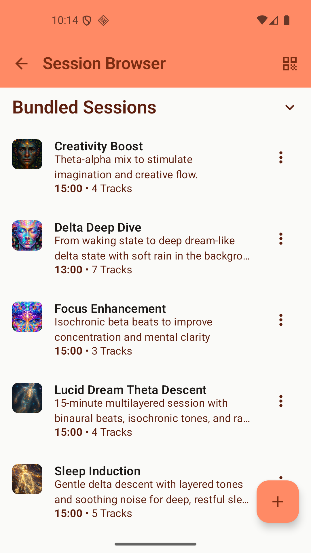 Session Browser showing list of binaural beats sessions